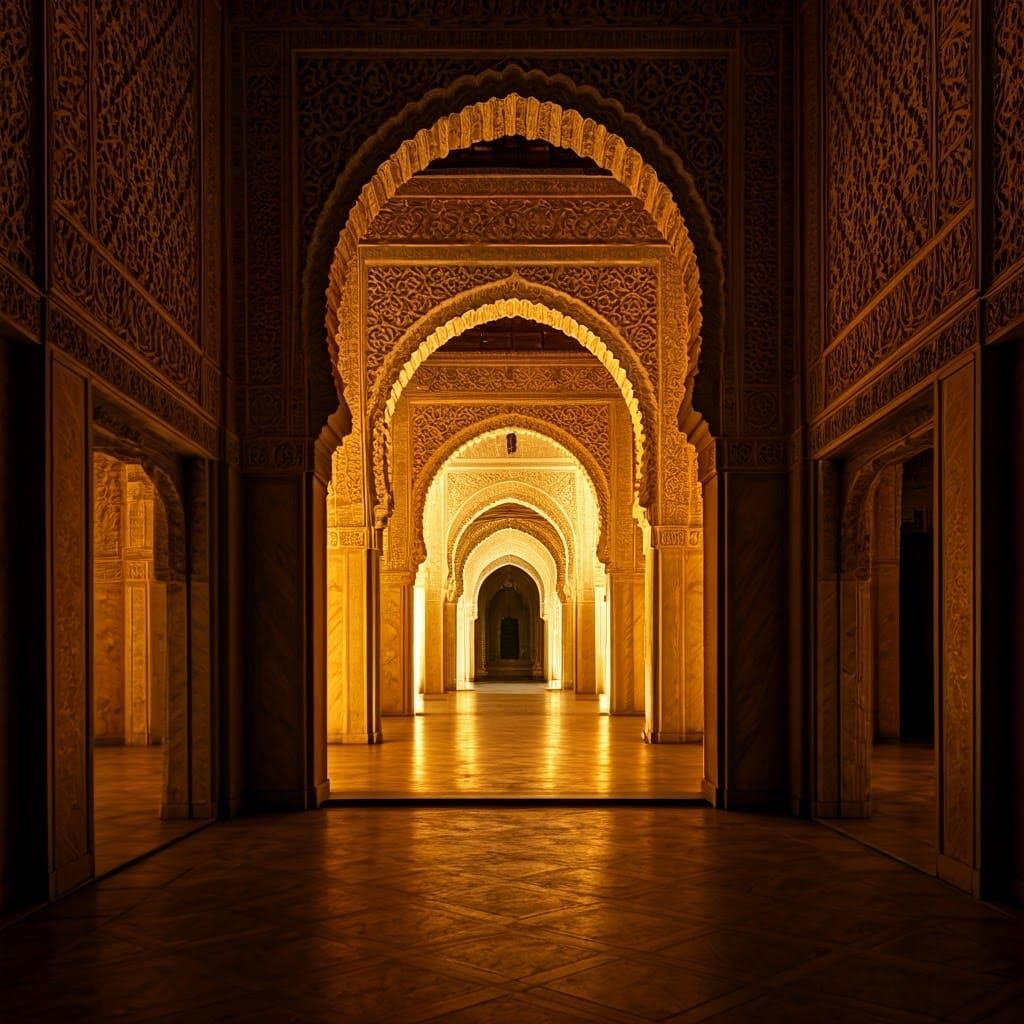 Surreal Golden Courtyard in Impossible Geometry Style