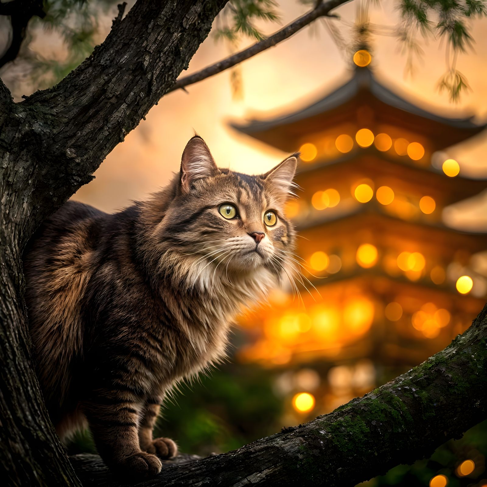 Cat on Branch in Detailed Digital Painting Style