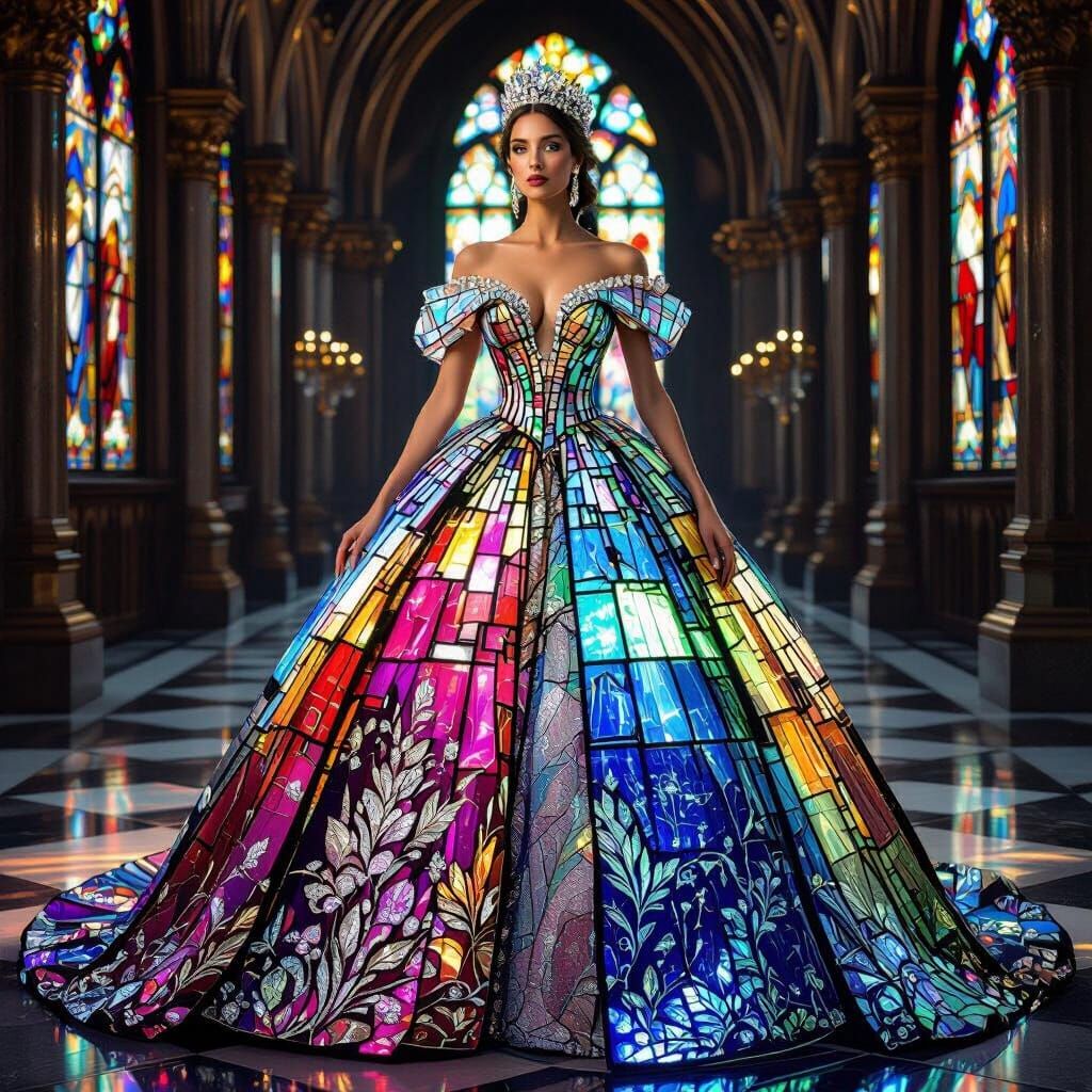 Queen's Stained Glass Gown in Opulent Hall