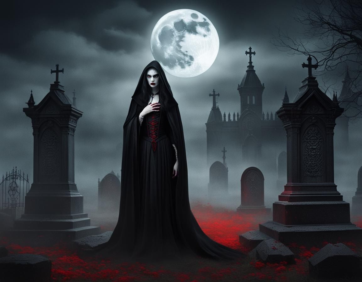 Vampire Queen in Graveyard, Goya-Inspired Dark Fantasy