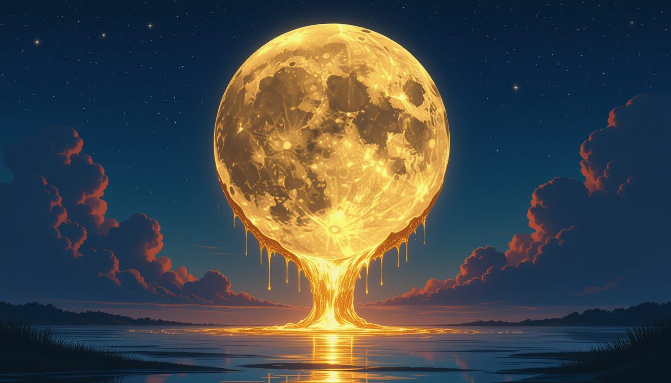Surreal Celestial Egg Moon Pouring Gold