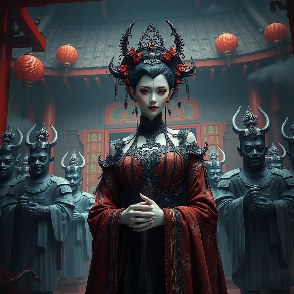 Ethereal Chinese Vampire Goddess in Art Nouveau Splendor