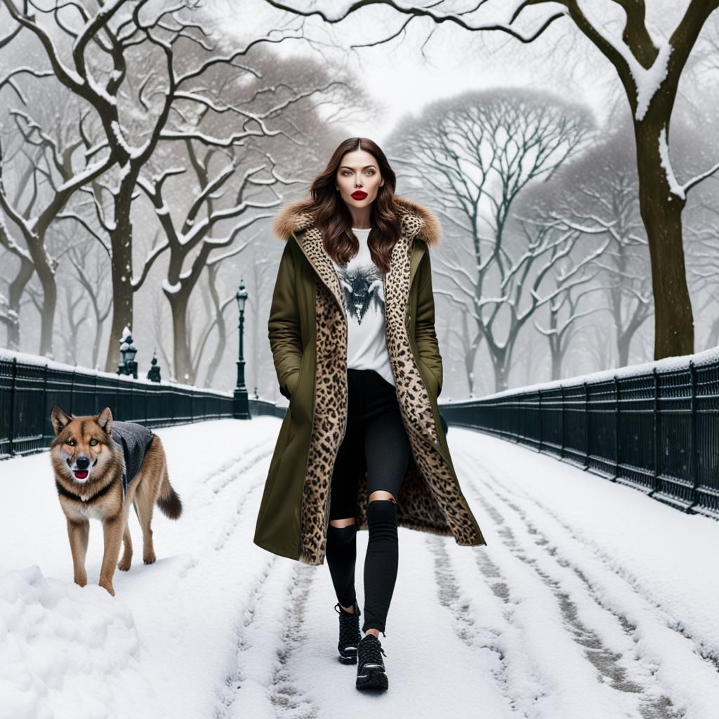Woman Walking Dog in Snowy Central Park