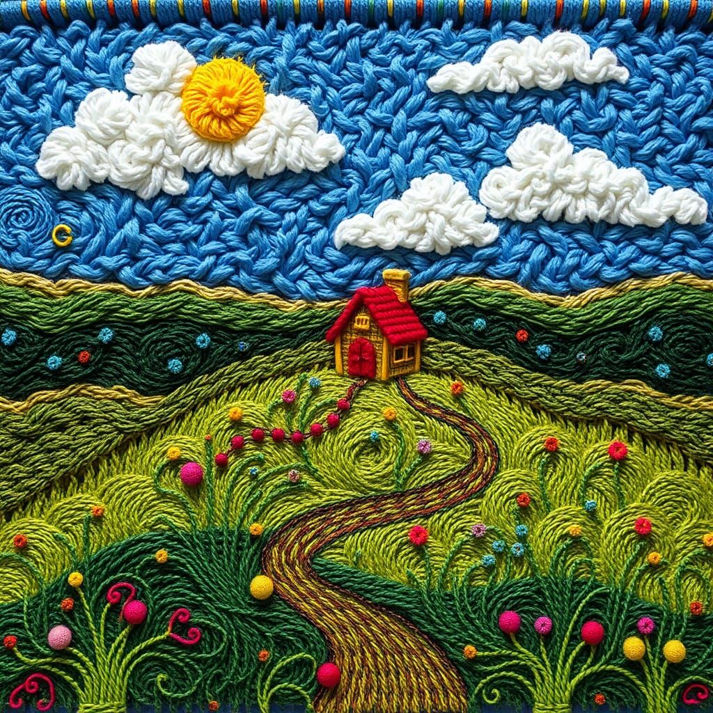 Colorful Thread Tapestry of Serene Landscape