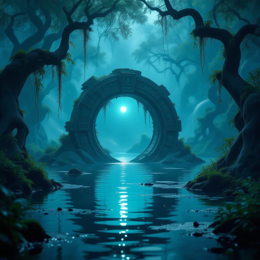 Alien Stargate in Bioluminescent Swamp