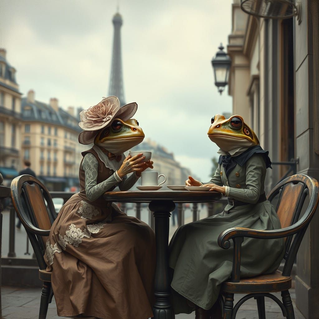 Victorian Frogs Savor Coffee in Parisian Cafe Scene