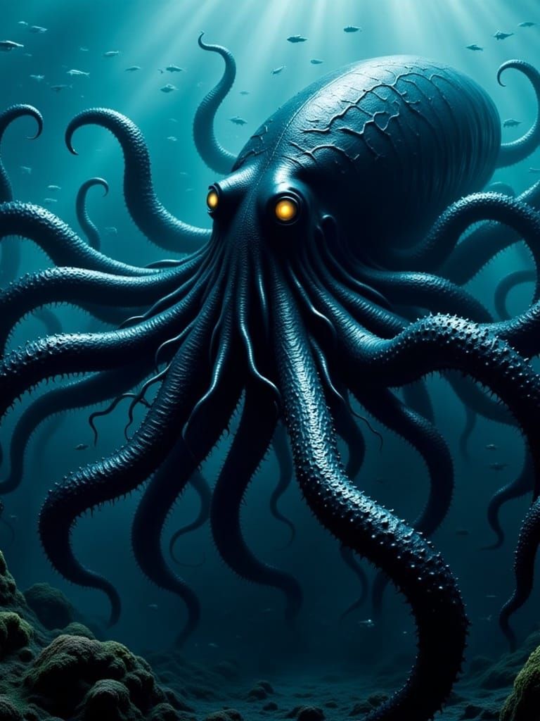 Colossal Black Squid in Ocean Depths: Biomechanical Art