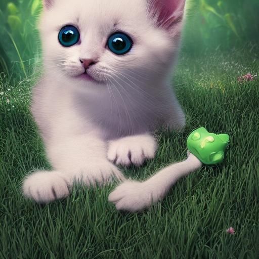 Kitten and Mouse in Green Grass: Fantasy Concept Art
