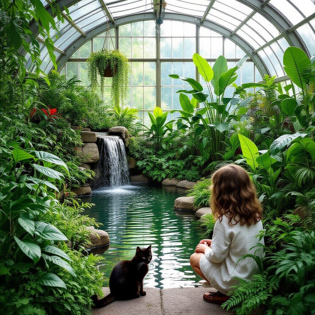 Girl and Kitten in a Lush Greenhouse with Waterfall