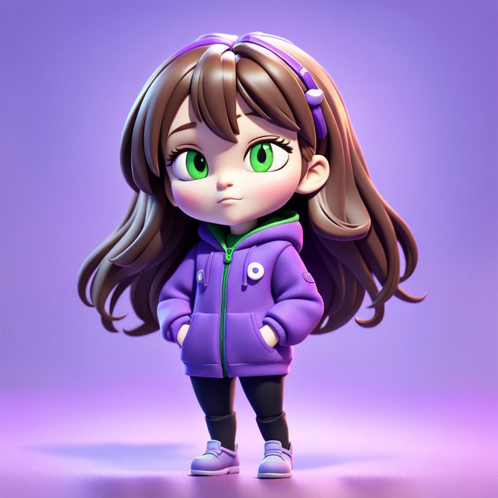 brown haired girl chibi green eyes purple clothes
