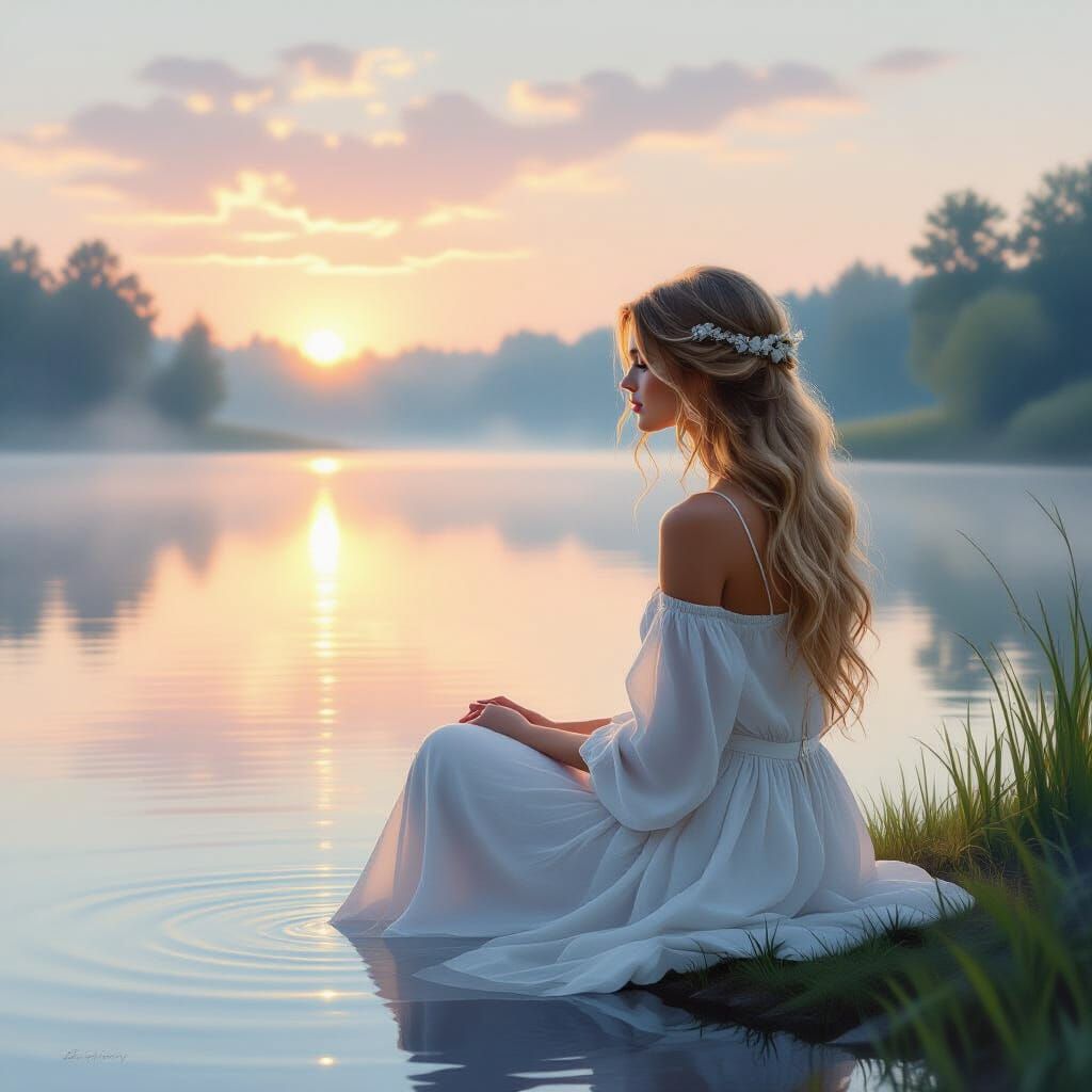 Serene Woman by Tranquil Lake at Dawn