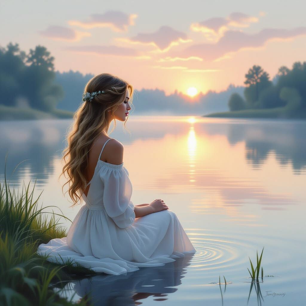 Serene Woman by Tranquil Lake at Dawn: Romantic Oil Painting