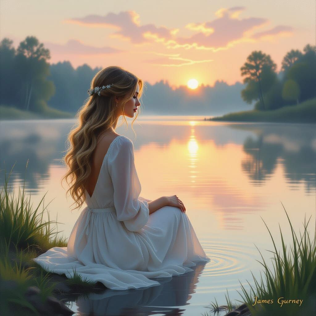 Serene Woman by Tranquil Lake at Dawn, Romantic Oil Painting