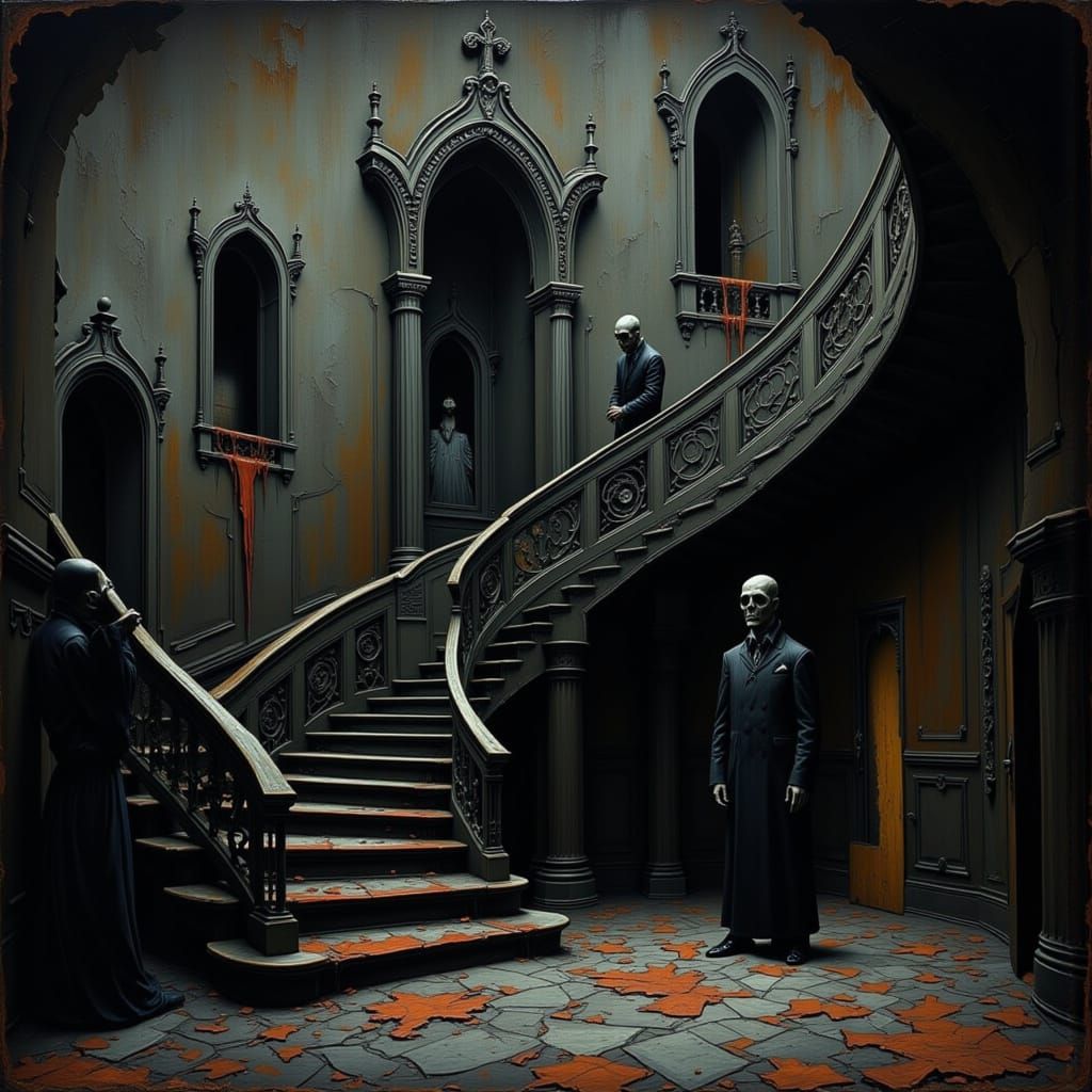 Gothic Mansion Interior with Spectral Figures
