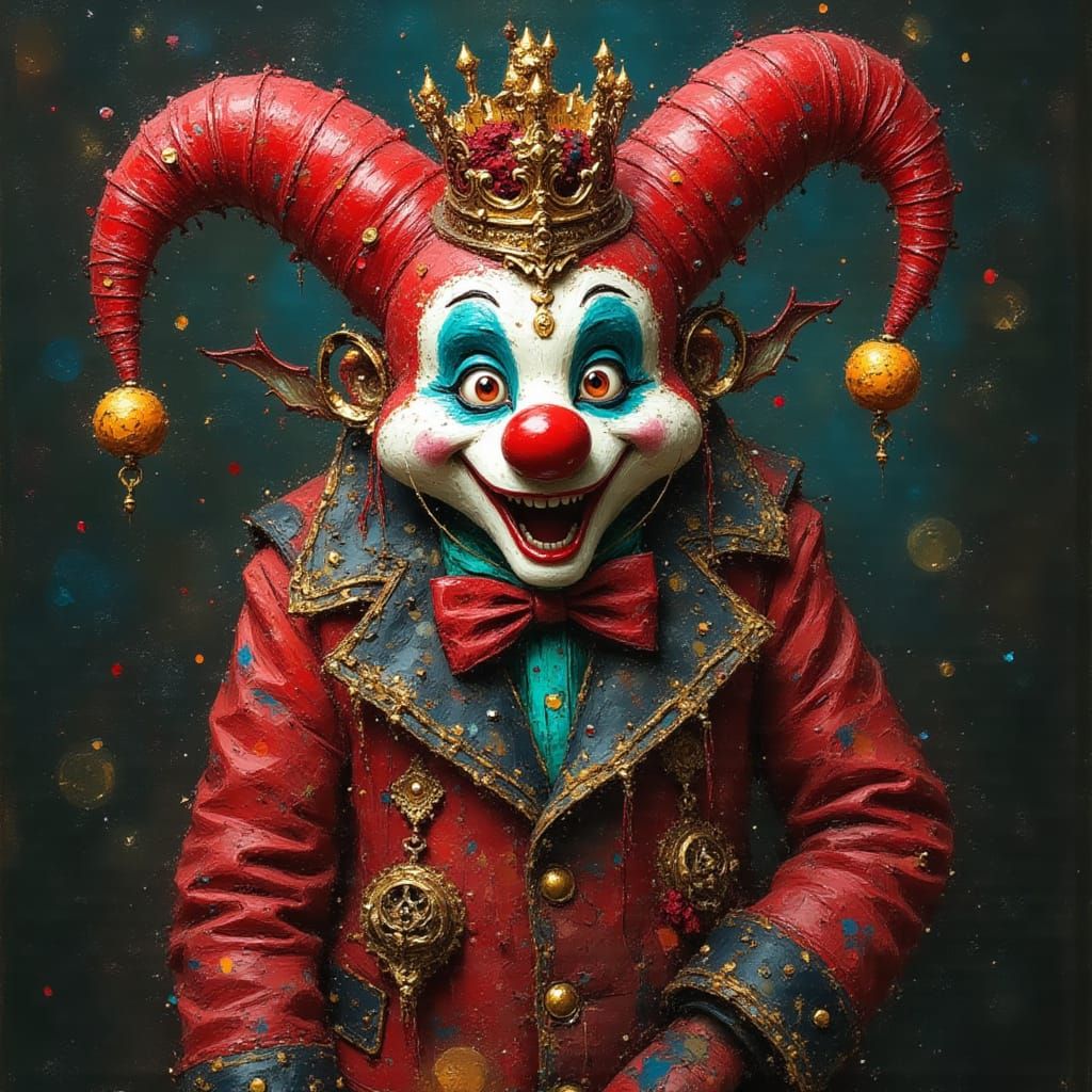 Surreal Biopunk Jester with Rusty Details and Sparkles