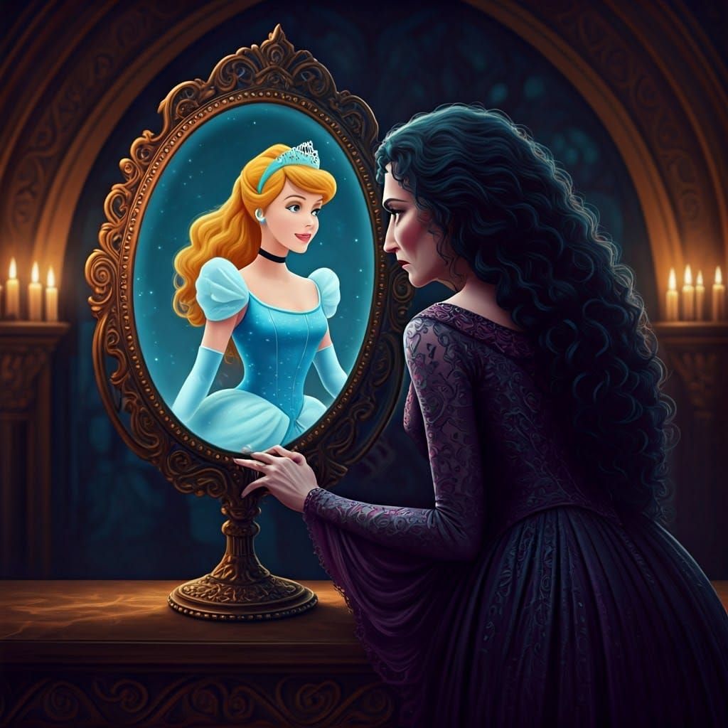 “Wrong blonde..”
Mother Gothel staring into a crystal mirror the image of Cinderella staring back at her.