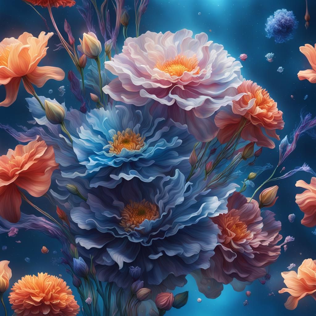 Weightless Flower Arrangement in Space: Hyperrealistic Conce...