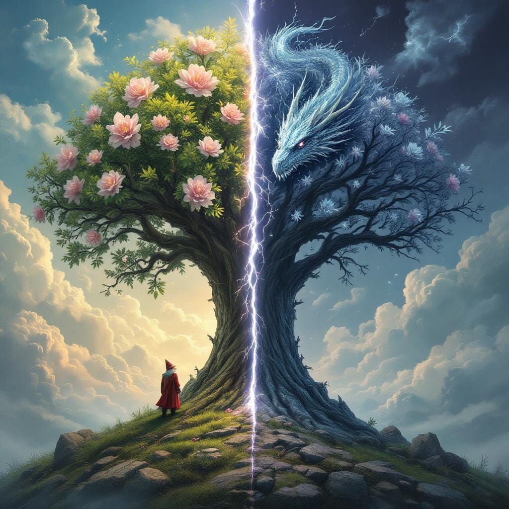 Tree Split by Lightning: Dwarf and Dragon Worlds