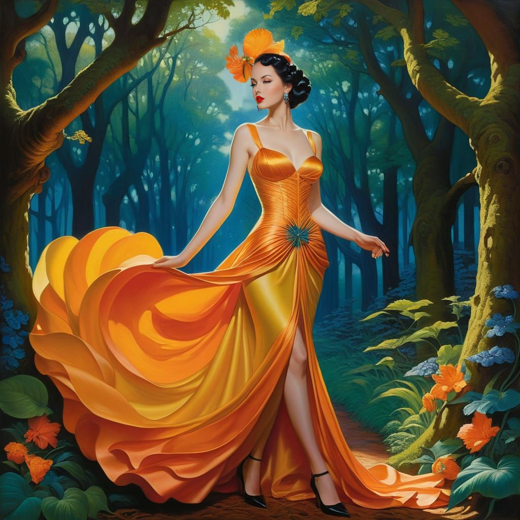 A Surreal Woman Strolls Through Whimsical Wonderland