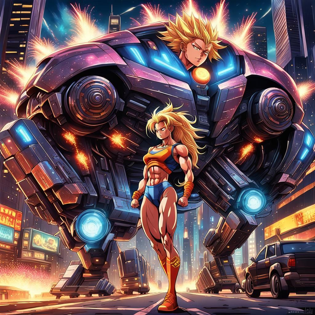 Spunky Super Saiyan Woman in 80s Anime Style