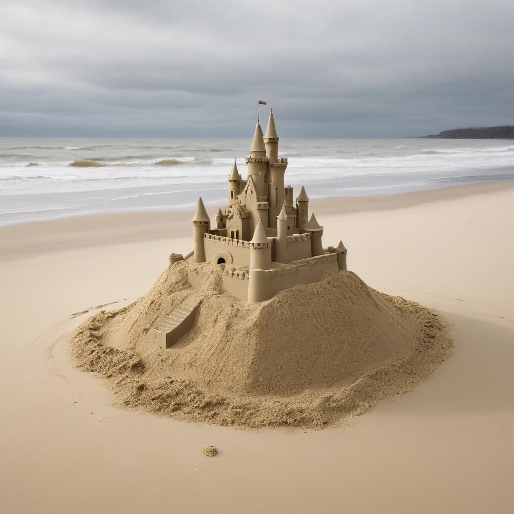 Bleak Sandcastle on a Deserted Beach, Photorealistic Style