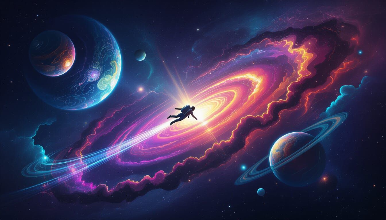 Cosmic Traveler Soaring Through Neon Wormholes