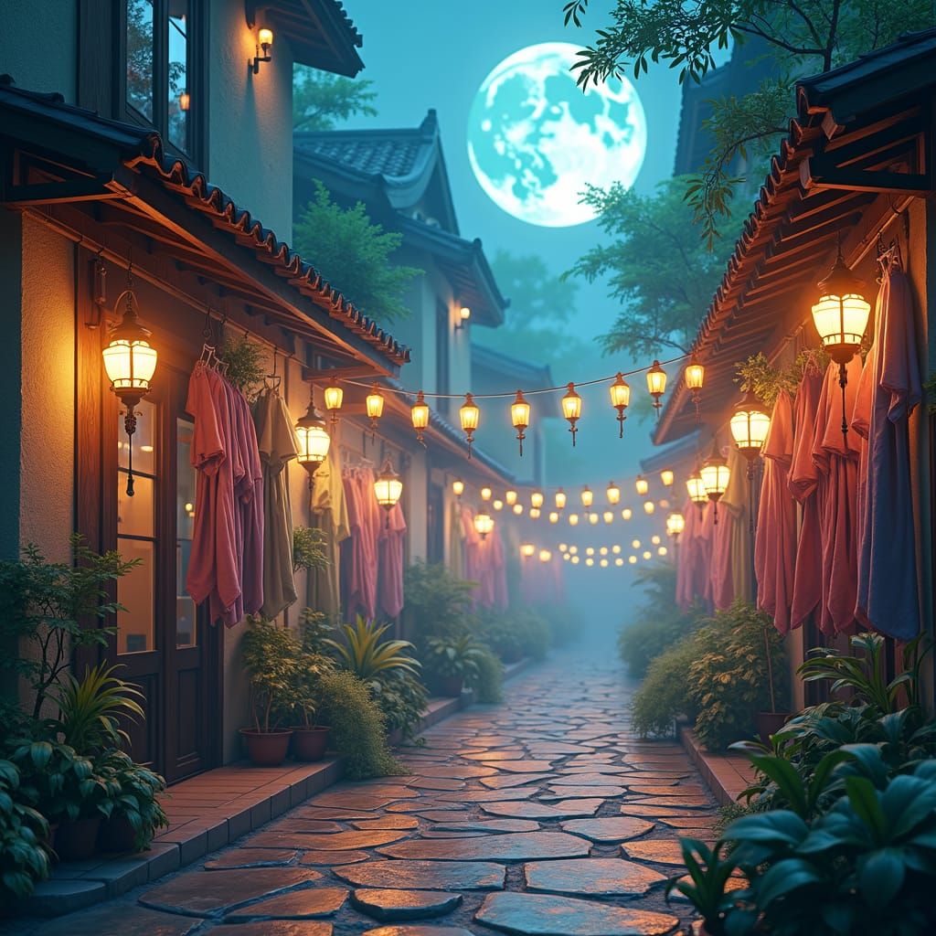 Mystic Laundry in Moonlit Village: Fantasy Concept Art