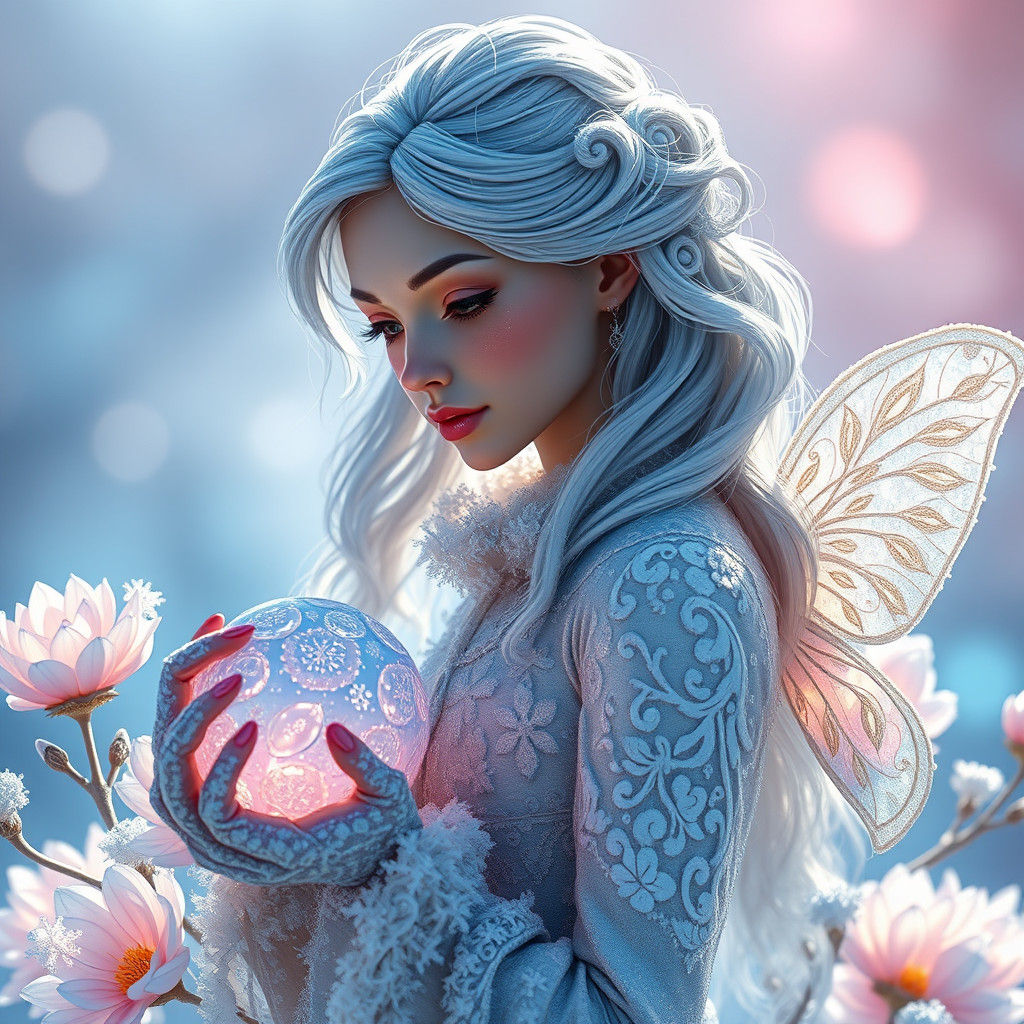 Crystalline Winter Fairy with Snow Flowers