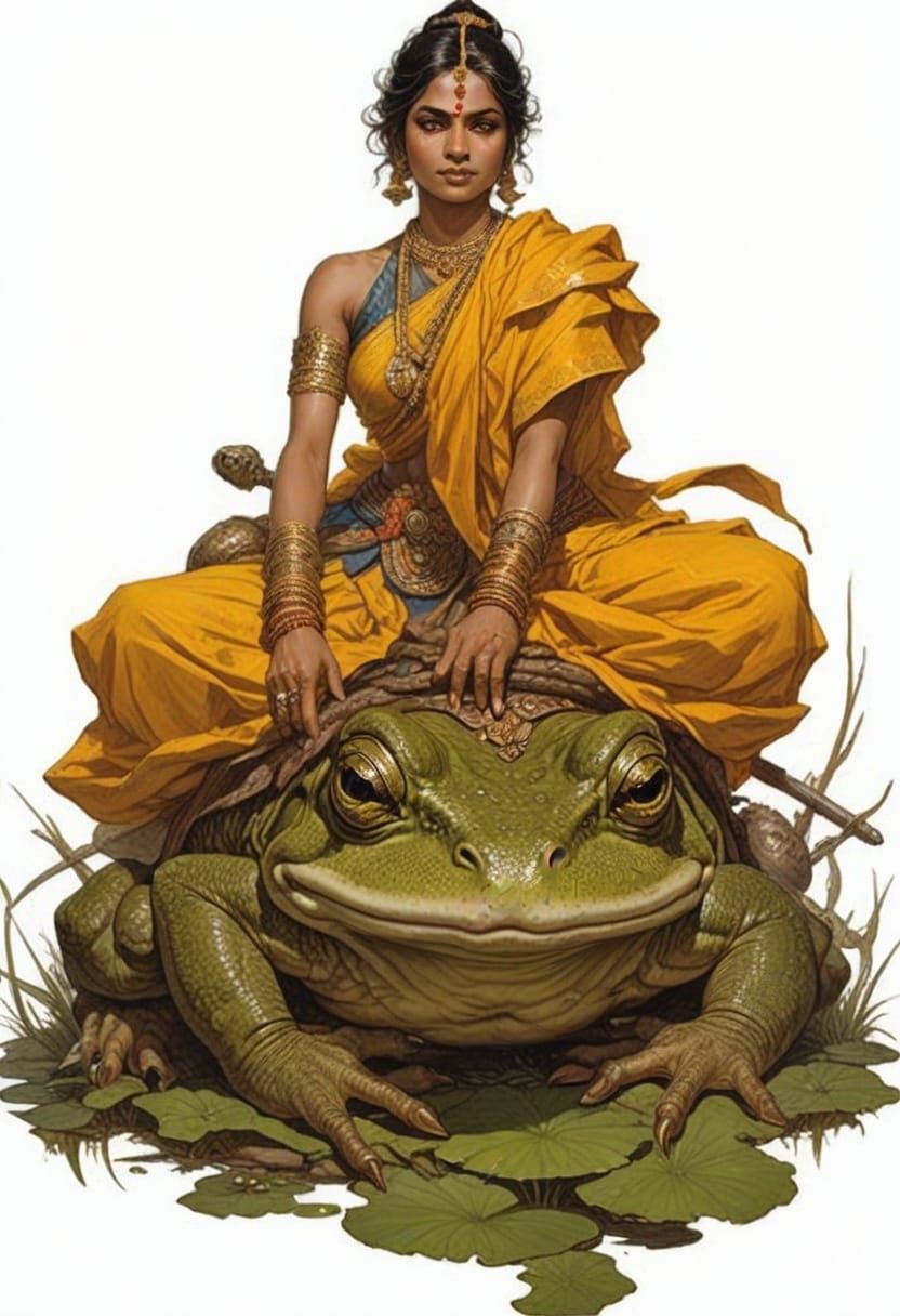 Ethereal Hindu Heroine Rides Majestic Frog in Fantasy Realm