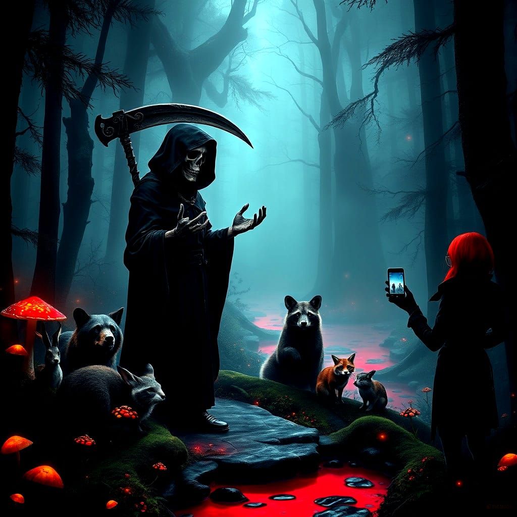 Reaper's Forest Ramble: A Hyperrealistic Splash Art