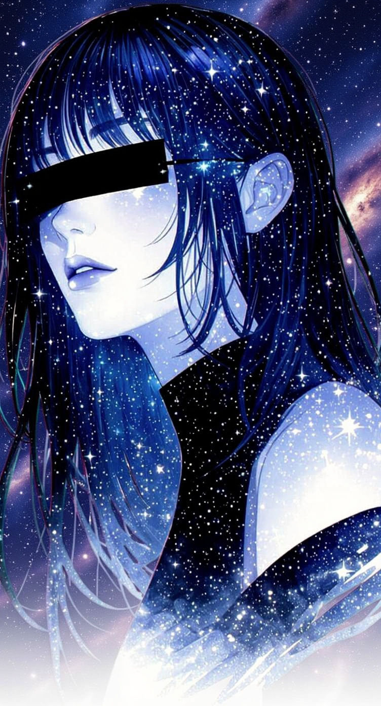 Tanzanite Blue Woman with Starry Skin and Black Bar Eyes