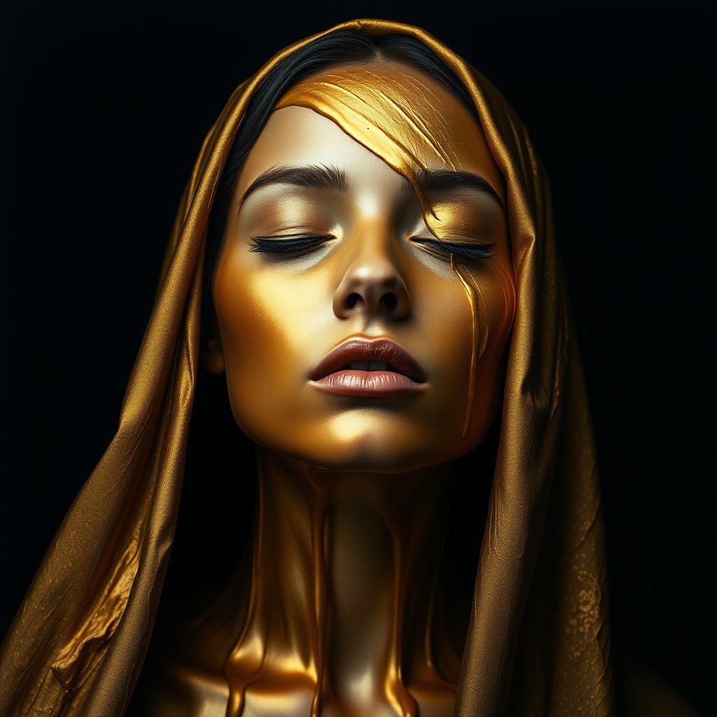 Woman's Face Veiled in Gold, Enigmatic Smile