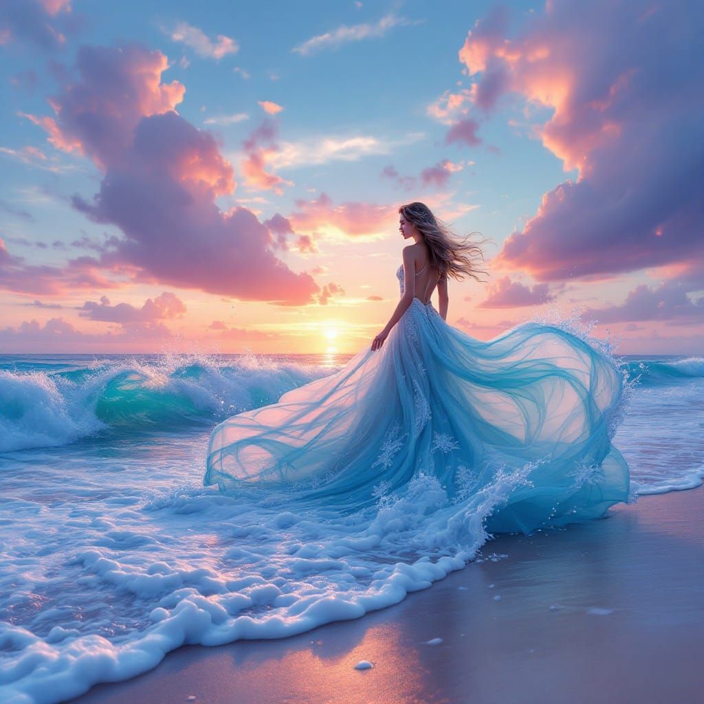 Surreal Sunset Seascape with Hyper-Realistic Woman