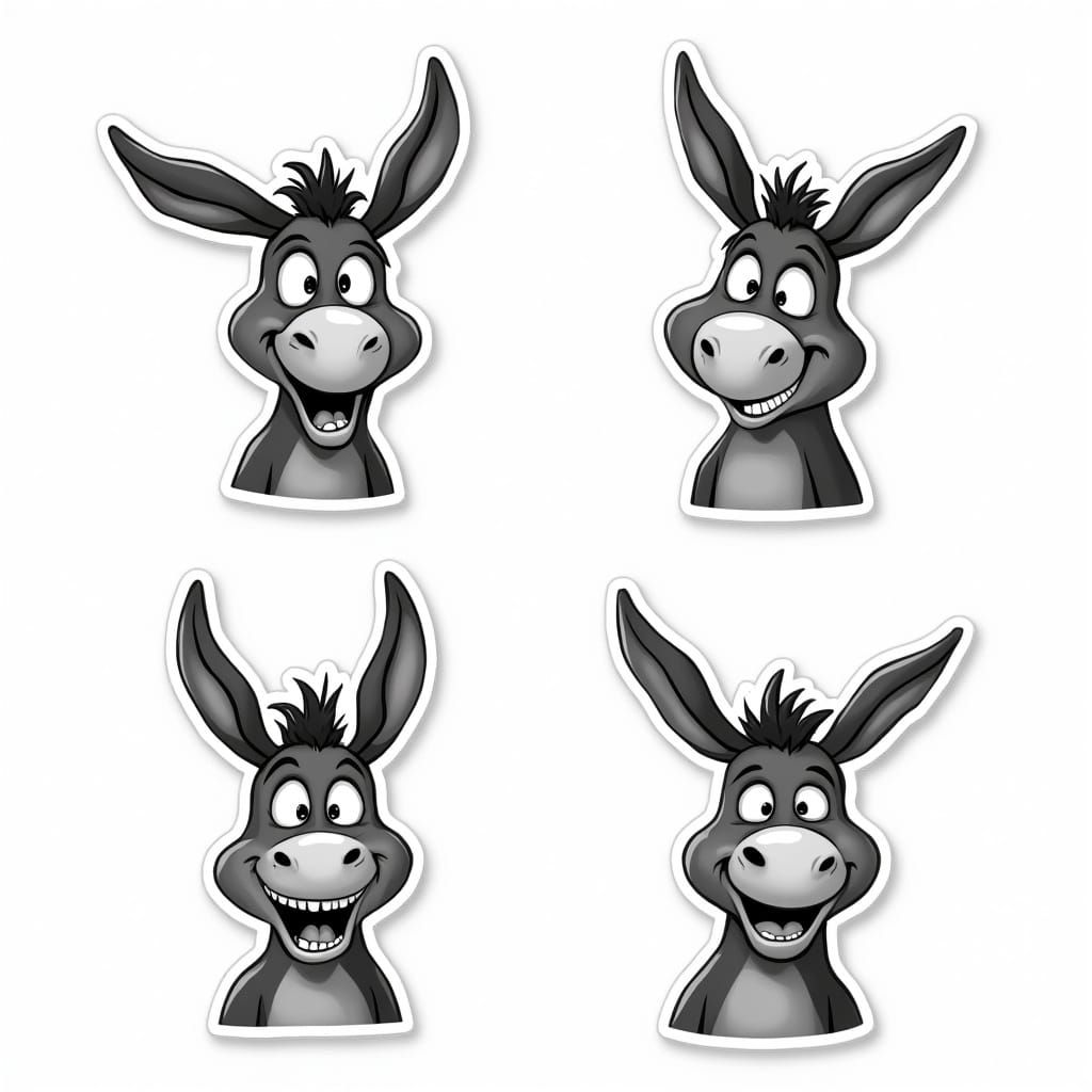 Anthropomorphic Donkey Stickers in Charming Black and White ...