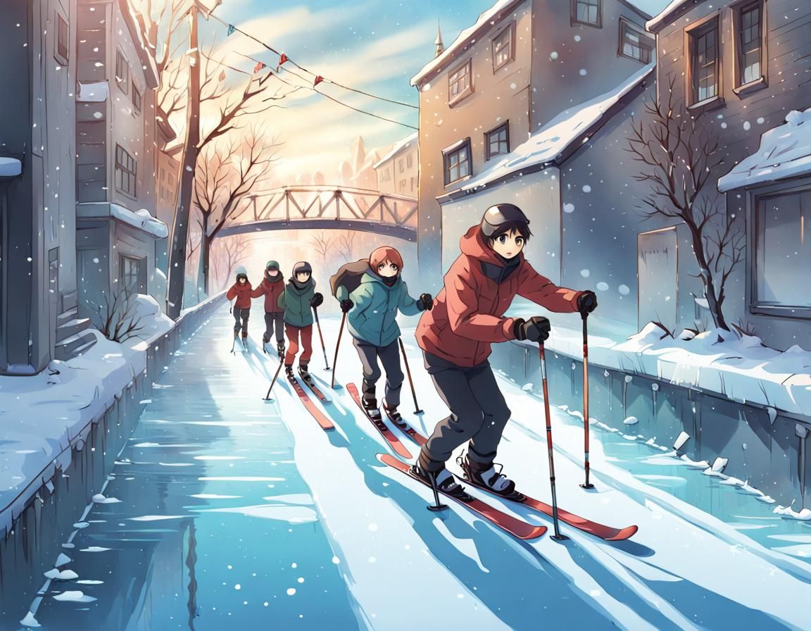 Skiing Over Frozen Canal in Anime Art Style