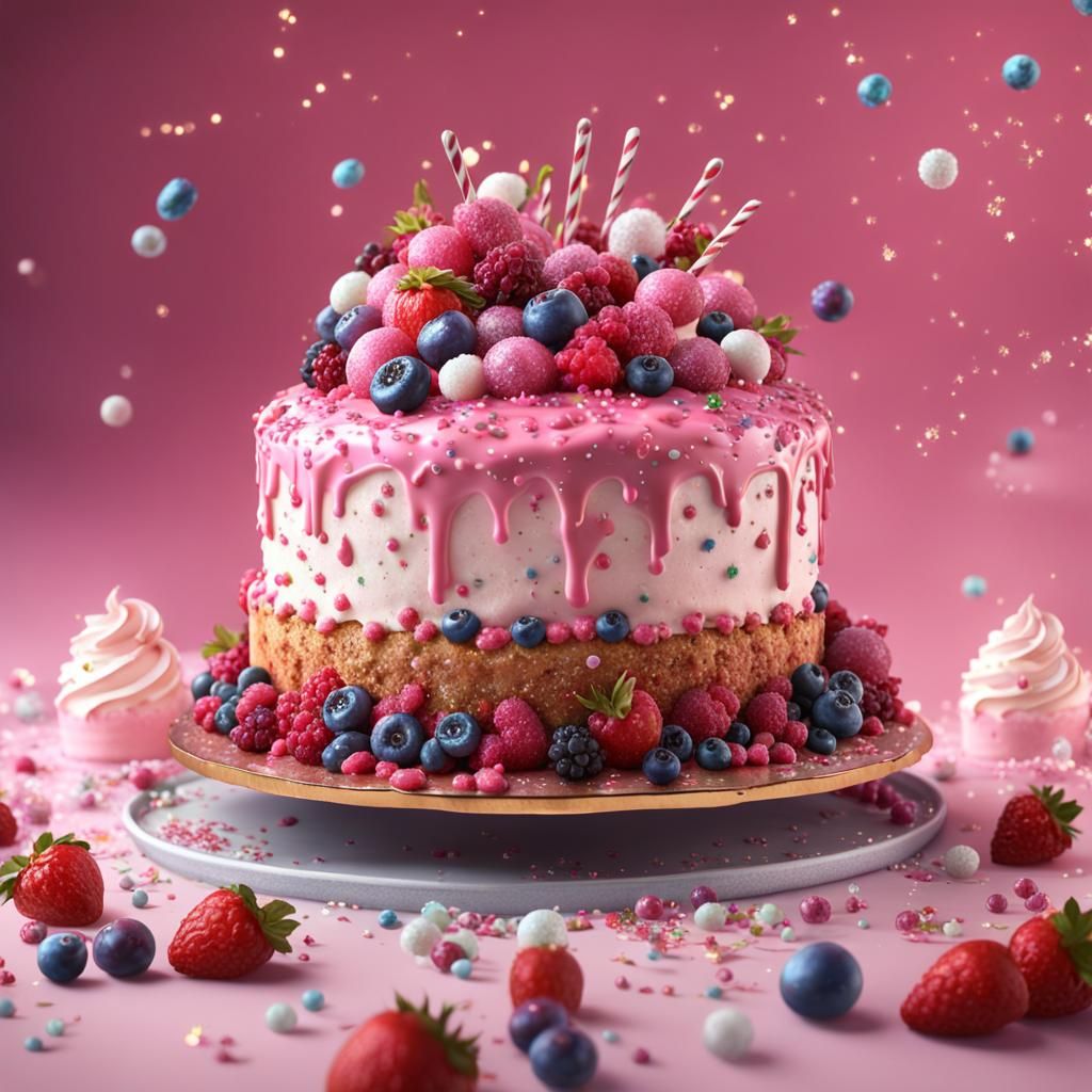 pink cake topped with glitter sprinkles, berries and a white...