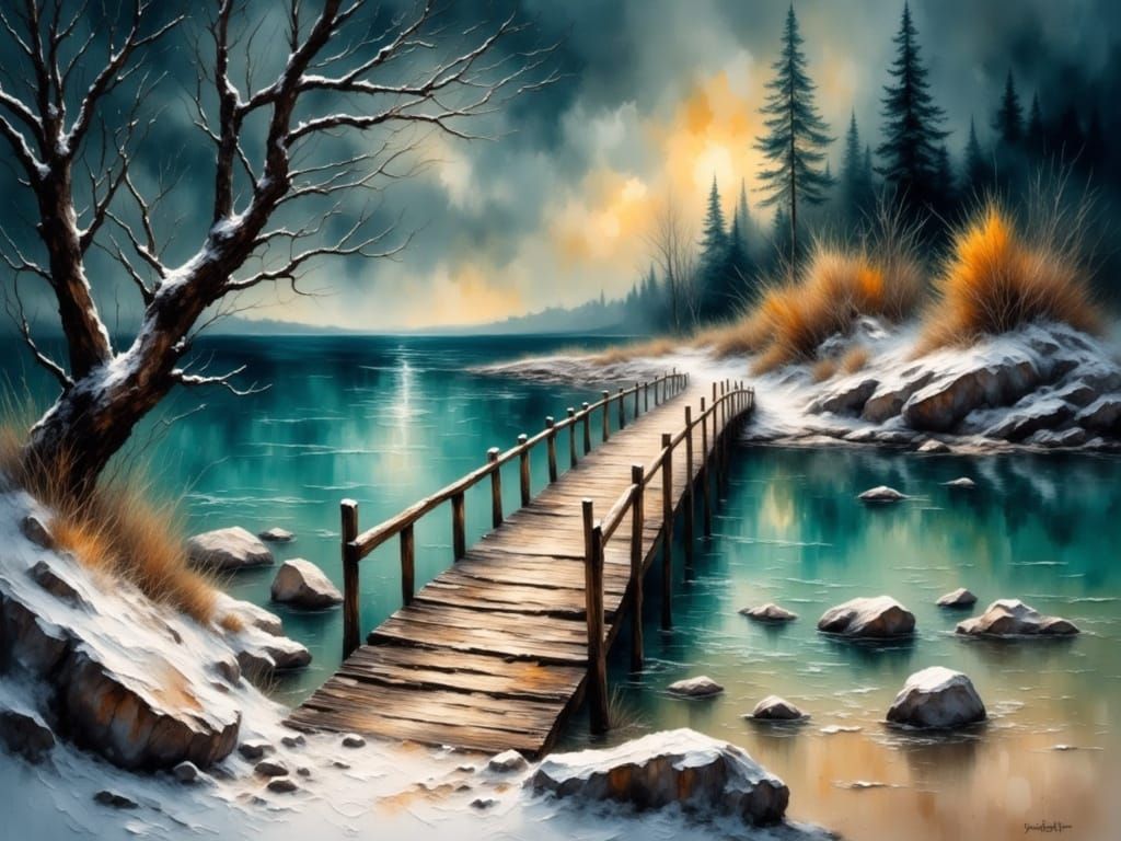 Teal Water Bridge in Snowy Blizzard, Ethereal Glow