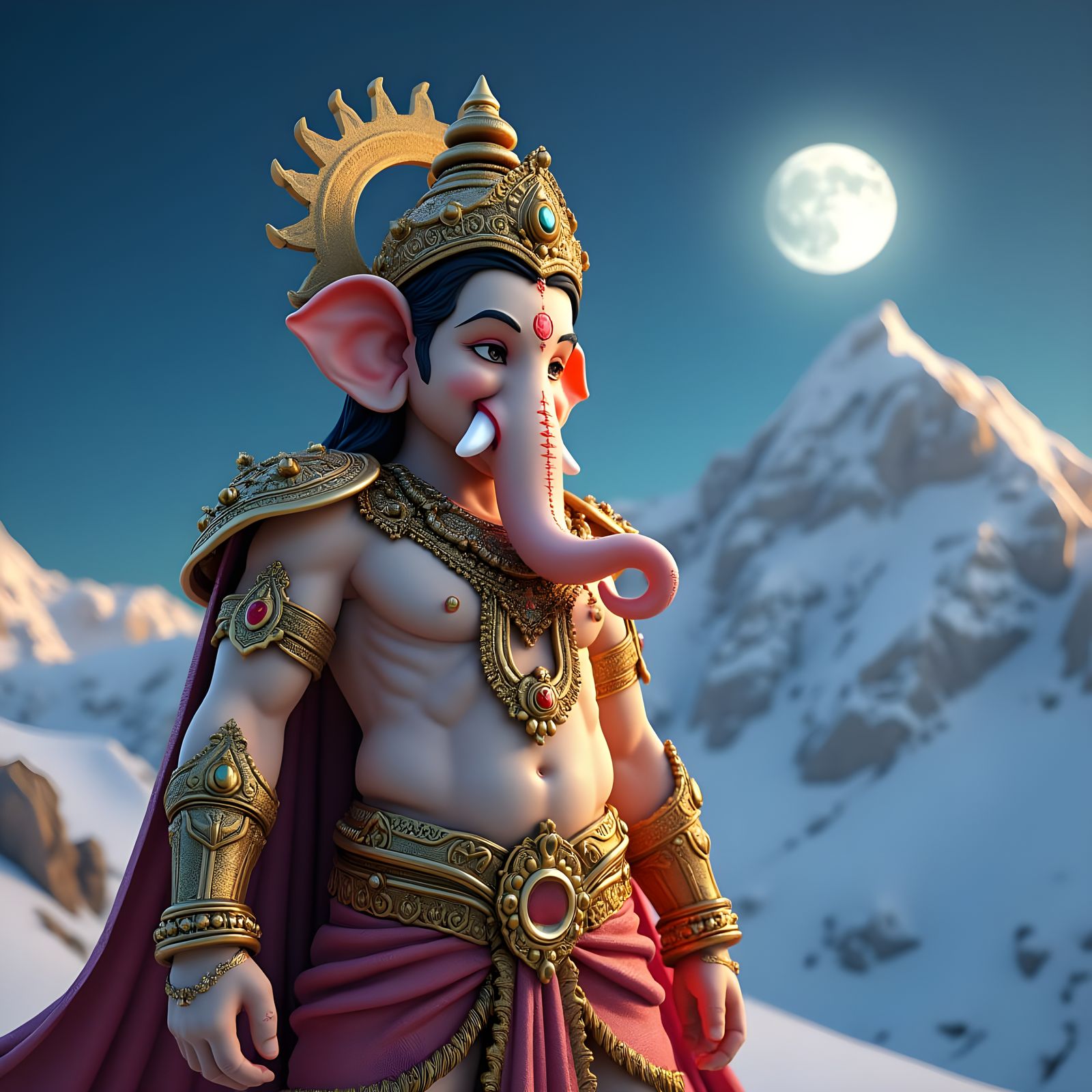 Animated Ganesh Ji on Kailash Parwat in Anime Style