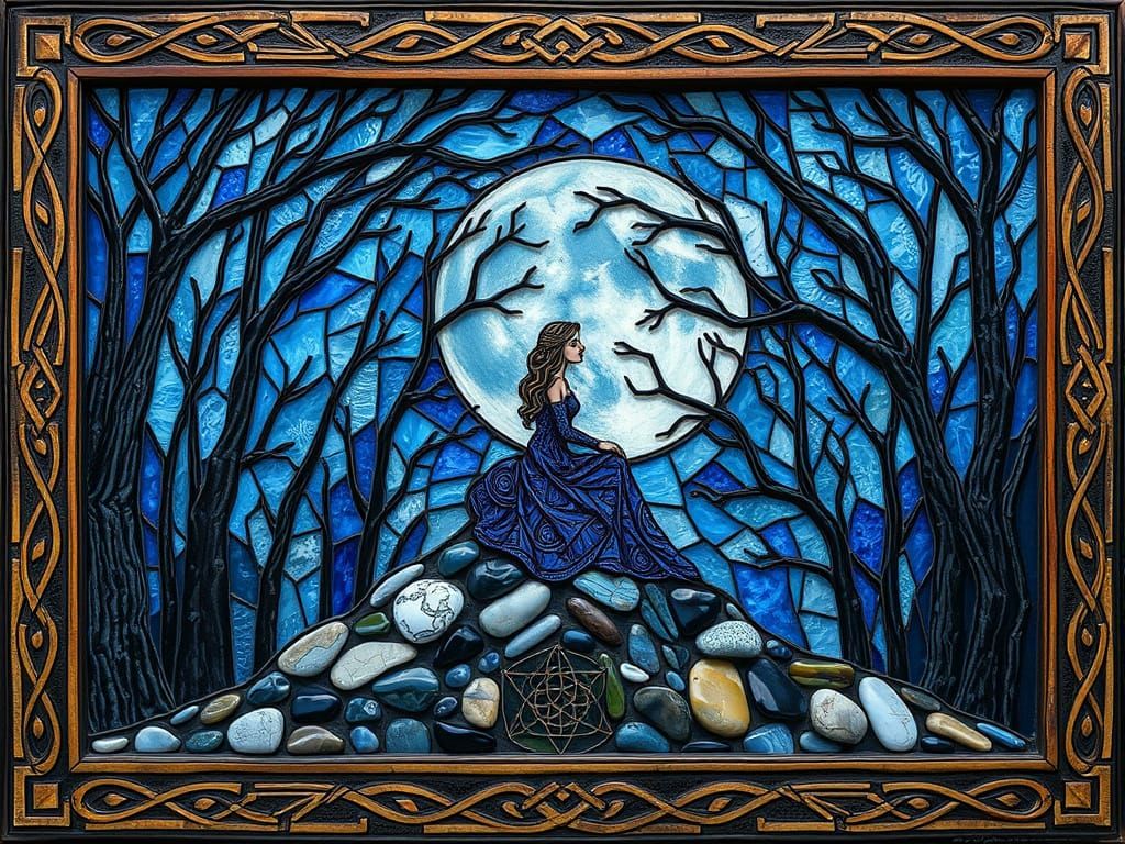 Surrealistic Scene of Woman on Blue Moonlit Oak Woods in Fra...