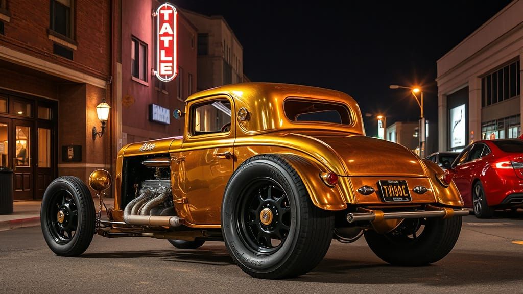 Steampunk Brass Hot Rod Convertible Under City Streetlights