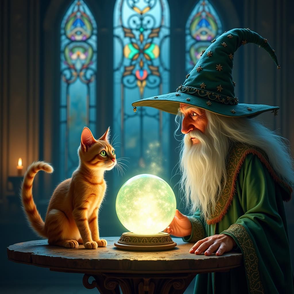 Mystical Wizard and Cat Gazing into Crystal Ball