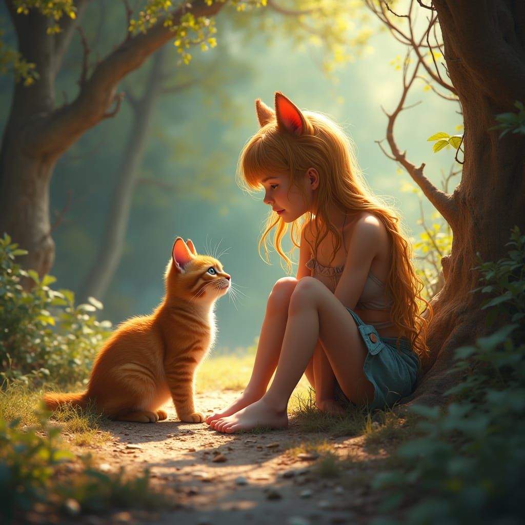 Whimsical Catgirl with Feline Friend in Vibrant Fantasy Worl...