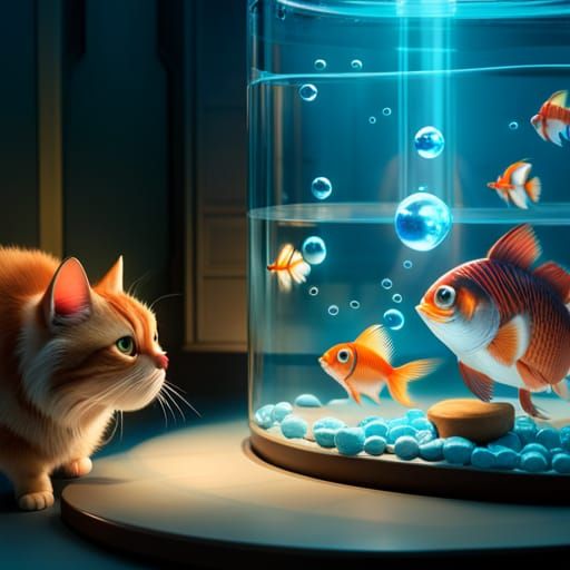Cat Licking Lips at Goldfish in Tank: 3D Render