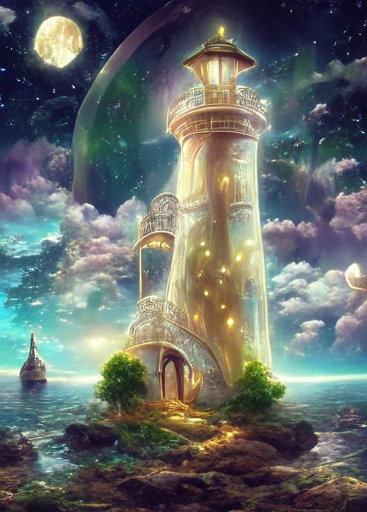 Golden Solarpunk Lighthouse Fantasy Artwork