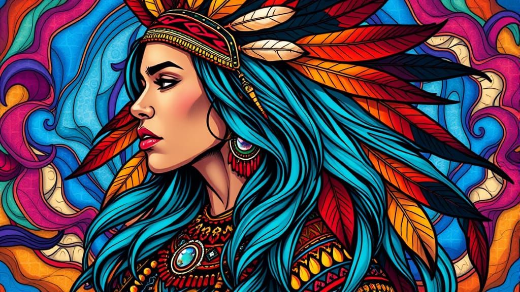 Psychedelic Stained Glass Portrait of Native American Woman