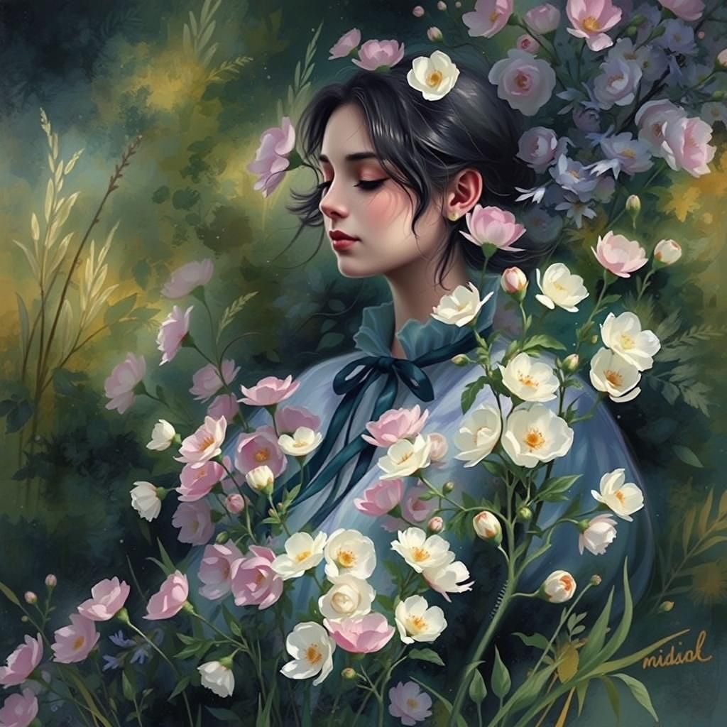 Dreamy Maiden Amidst Blooming Garden