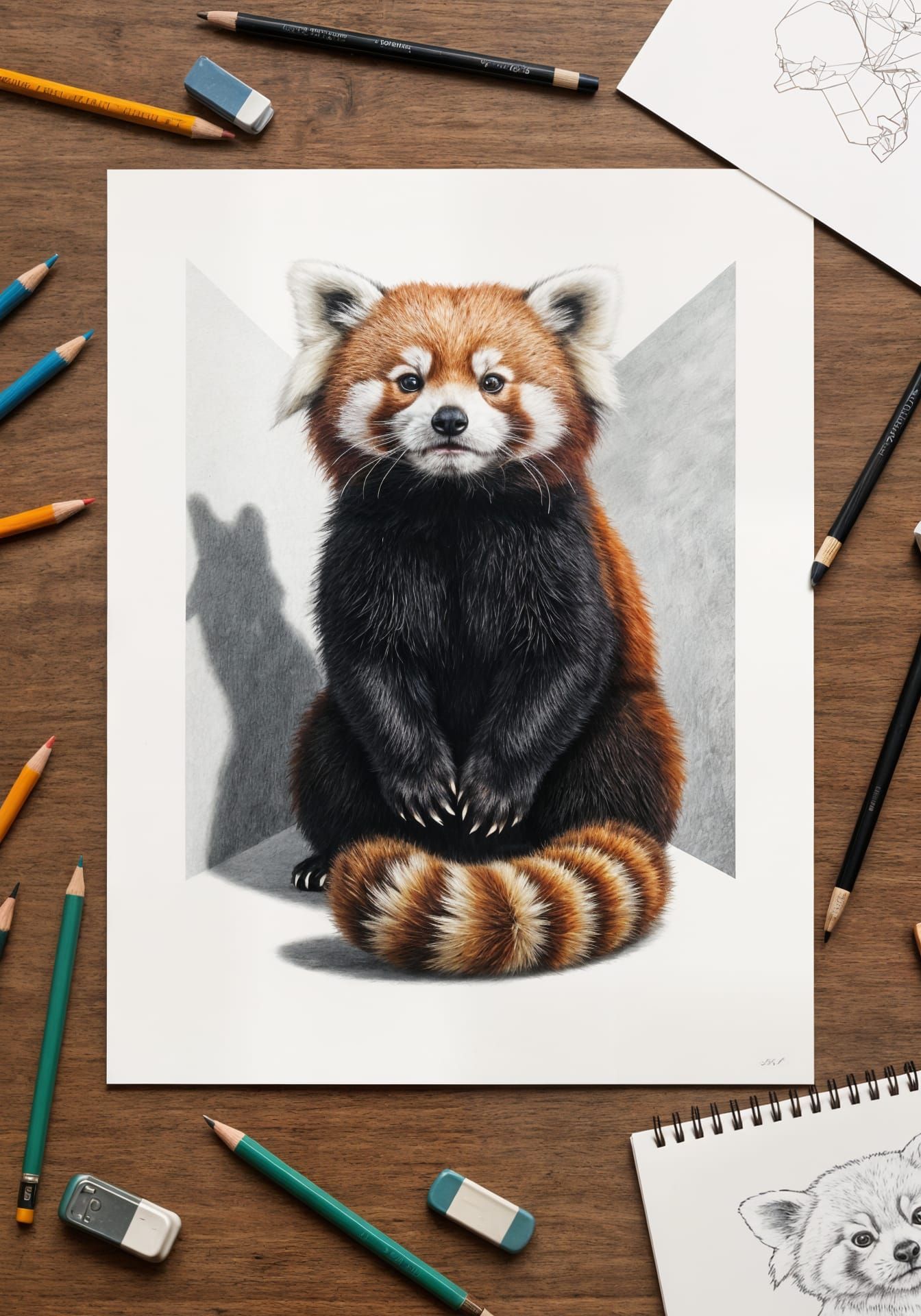 Hyper-Realistic Red Panda Drawing Appears 3D on Table