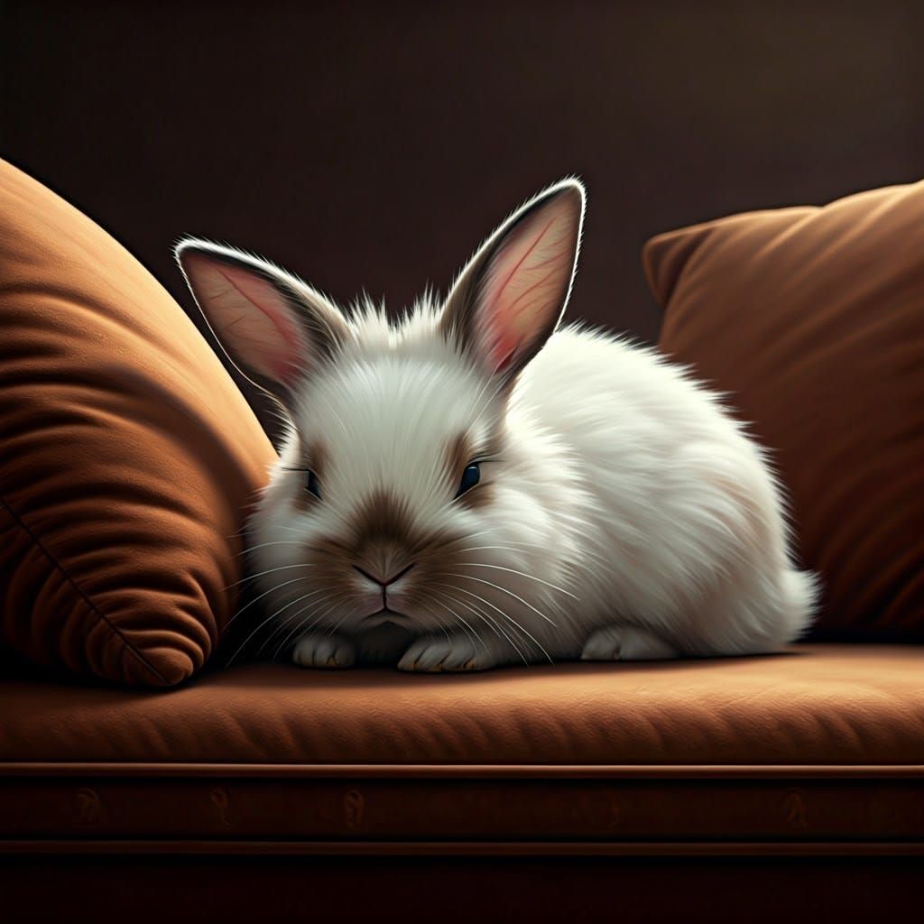 Fluffy Bunny Asleep on Velvet Couch