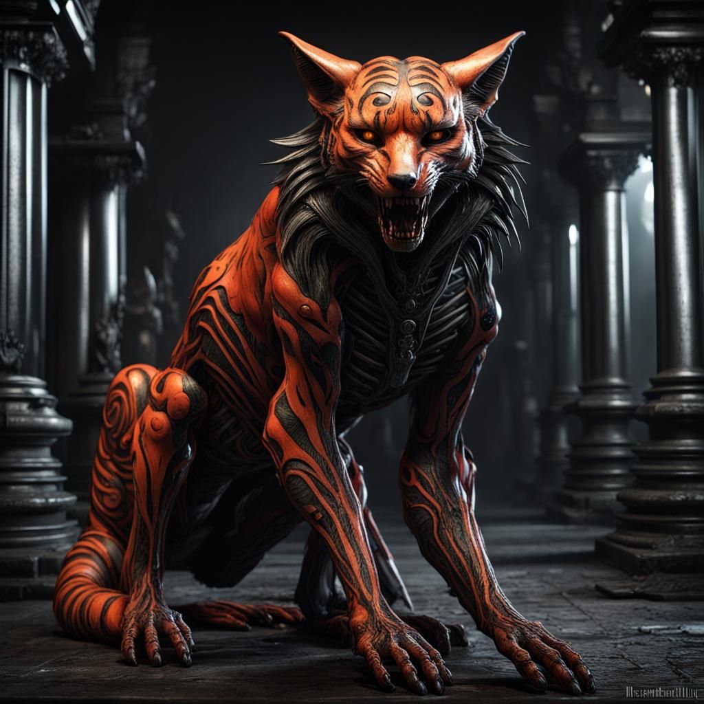 Undead Fox-Tiger Hybrid in Gothic Biomechanical Style