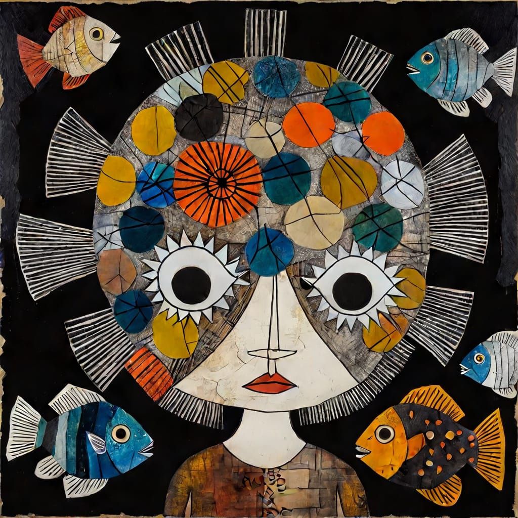 Puffer Fish Girl in Mixed Media Collage